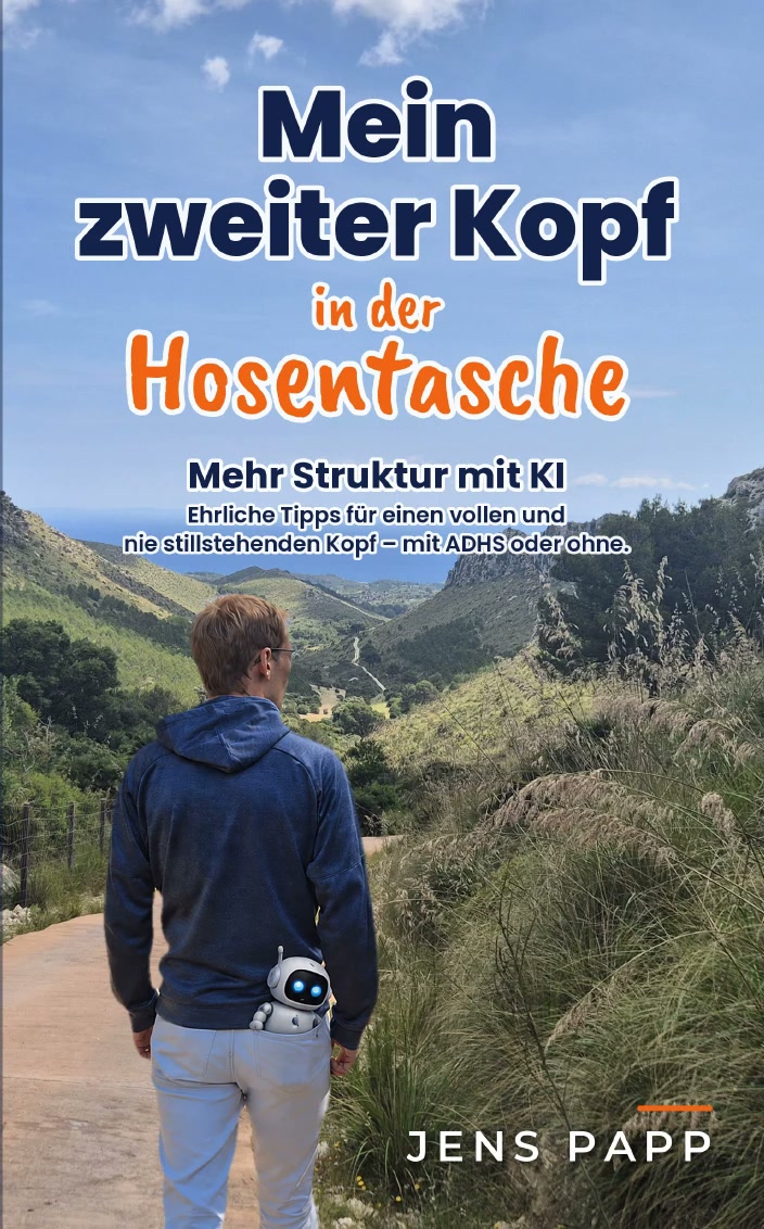 Buchcover „Mein zweiter Kopf in der Hosentasche“: Jens von hinten auf einem Wanderweg, ein kleiner Roboter schaut aus seiner Hosentasche